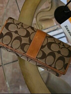 Coach Classic Tan Genuine Leather Signature Canvas Stripe Full-size Wallet